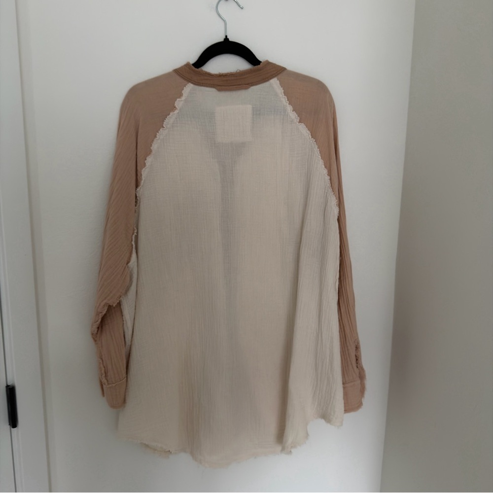 AERIE Gauze Coverup Shirt Long Sleeve Beige Tan Colorblock Size XL Women’s - Picture 6 of 8